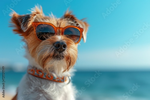 A stylish brown dog of a certain breed enjoying a sunny day at the beach, donning cool sunglasses and living its best life as a beloved pet