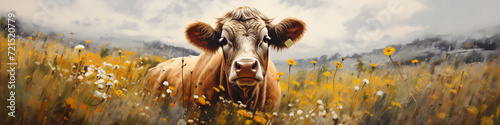 Portrait of a cow in her natural habitat in cartoon style photo