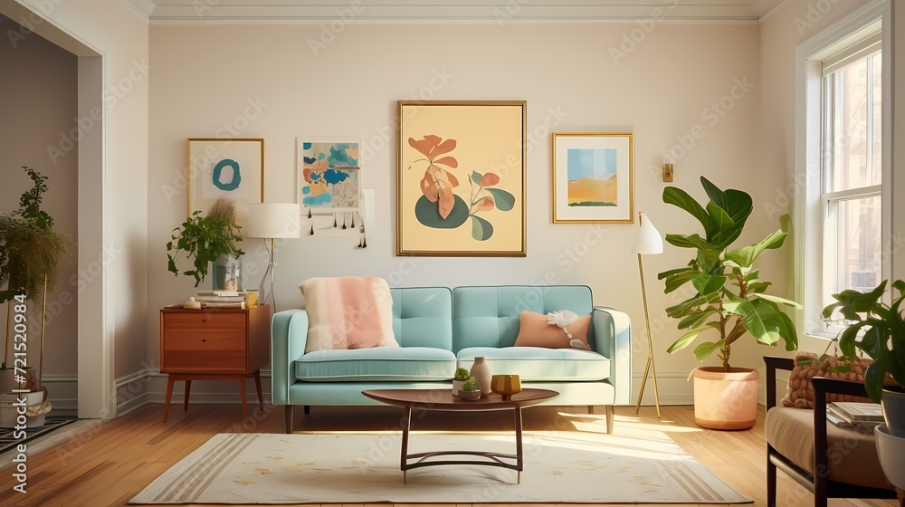 A cozy living space featuring a pastel blue loveseat, a woven area rug, and a collection of potted plants adding a refreshing touch against cream-colored walls. A cozy living space featuring a pastel blue loveseat, a woven area rug, and a collection of potted plants adding a refreshing touch against cream-colored walls.