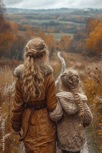 Two women stand united, their hands intertwined as they gaze at the winding road ahead, framed by the vibrant autumn sky and surrounding nature, a reminder of the ever-changing seasons and the enduri