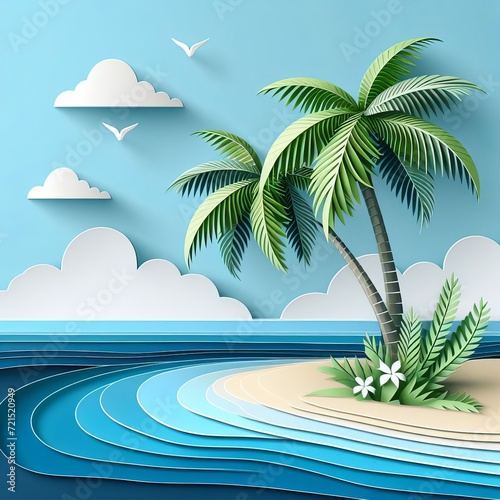 Summer sunlight sea the hottest season water waves paper craft style  Generative Ai