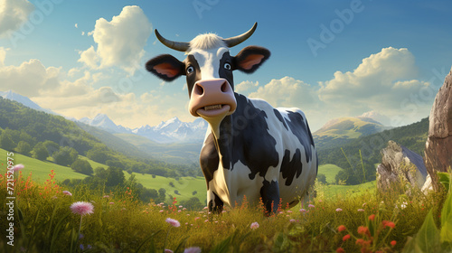 Portrait of a cow in her natural habitat in cartoon style