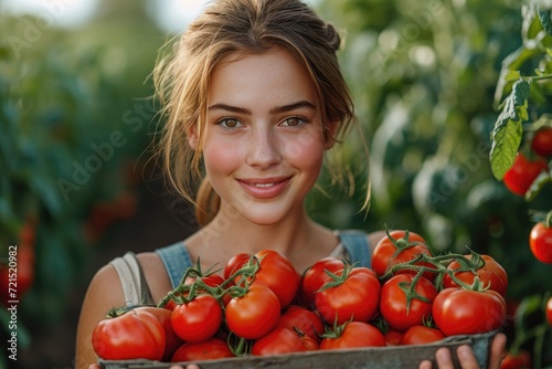A joyful woman proudly presents her freshly picked basket of ripe, vibrant tomatoes, embodying the beauty and nourishment of natural, local produce