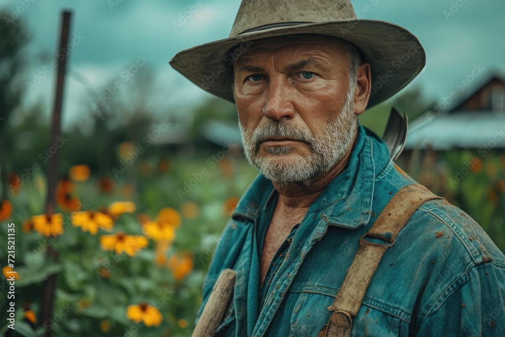 A rugged man with a sun hat and overalls stands in an outdoor field, his beard and wrinkles adding character to his portrait as he holds a flower against the backdrop of a clear blue sky