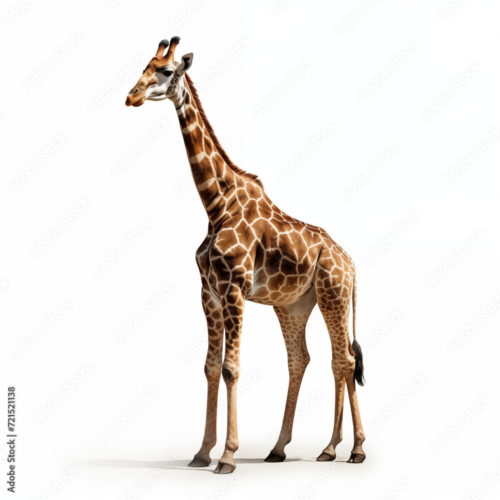 A detailed High quality, portrait image of a giraffe placed on a white background.