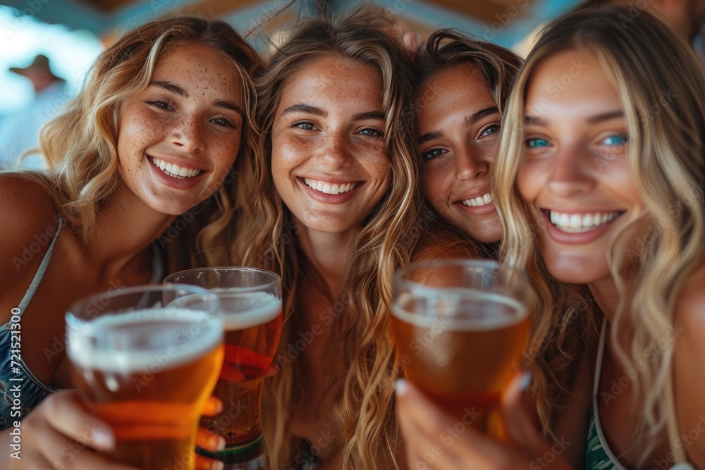 A cheerful group of women enjoying a refreshing pint of beer while smiling and posing together, showcasing their happy friendship and love for outdoor fun A cheerful group of women enjoying a refreshing pint of beer while smiling and posing together, showcasing their happy friendship and love for outdoor fun