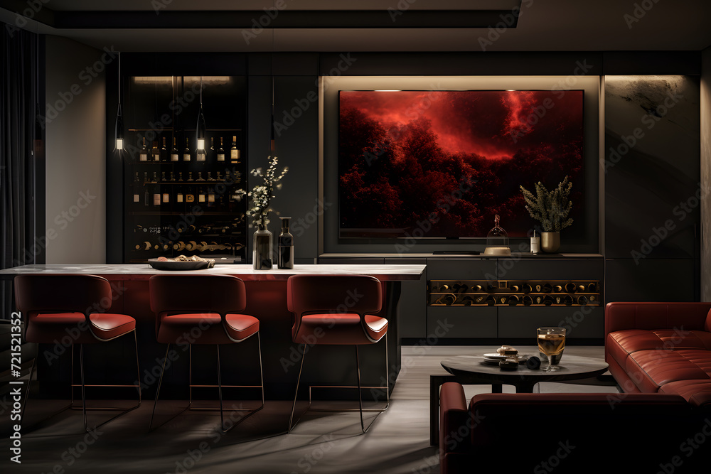 modern theater room with a built-in wine fridge and bar