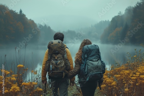Amidst the foggy autumn mist, a couple clad in hiking gear treks through the serene landscape of a mountain lake, surrounded by tall trees and grassy plains photo