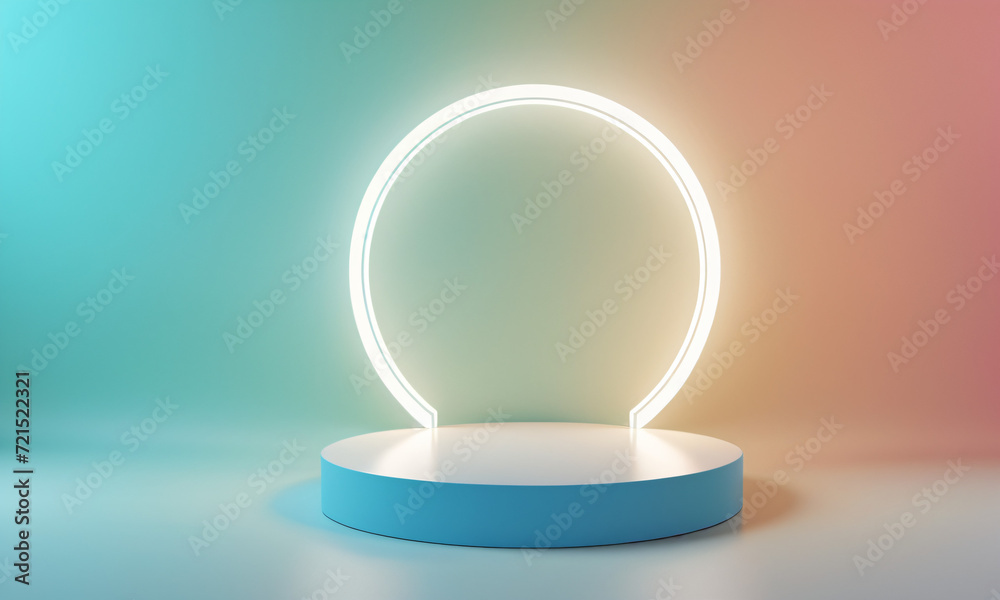 Product Display, Glowing Neon Circle on Pedestal, Modern Presentation, Futuristic, Minimalist Product Display, Glowing Neon Circle on Pedestal, Modern Presentation, Futuristic, Minimalist