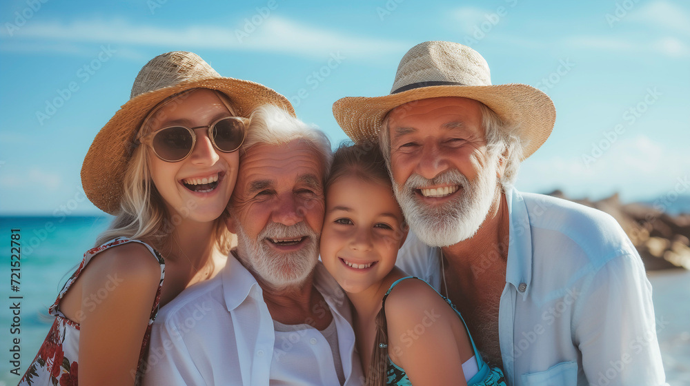 Granddaughters with grandpas smiling and being happy on the beach during a sunny summer day, capturing the essence of happiness, love, togetherness of families and the elderly.