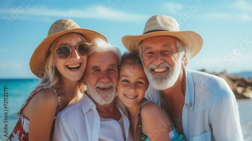 Granddaughters with grandpas smiling and being happy on the beach during a sunny summer day, capturing the essence of happiness, love, togetherness of families and the elderly.