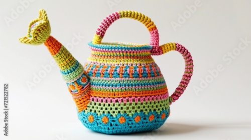 a skillfully woven crochet watering can emoji, featuring intricate patterns and refreshing colors on a white backdrop photo
