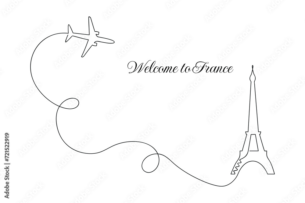 Welcome to France card drawn in one continuous line. One line drawing, minimalism. Vector illustration. Welcome to France card drawn in one continuous line. One line drawing, minimalism. Vector illustration.