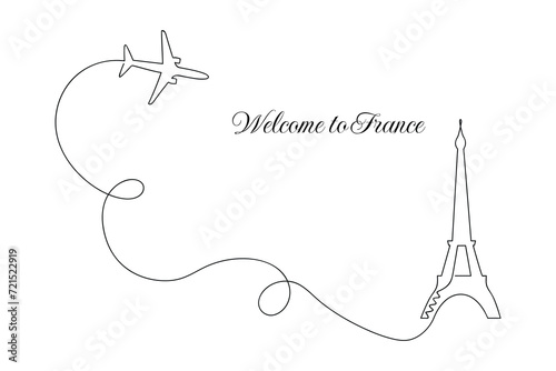 Welcome to France card drawn in one continuous line. One line drawing, minimalism. Vector illustration.