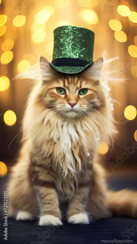 Tytuł: Happy St. Paddy's Day. St. Patrick's day banner with mainecoon cat  gold coins, glitter and shamrock clover leaves. Vertical banner, smartphone, tiktok or instagram story background photo