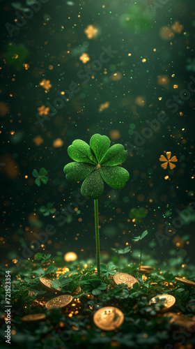 Happy St. Paddy's Day. St. Patrick's day banner with gold coins, glitter and shamrock clover leaves. Vertical banner, smartphone or instagram story background photo