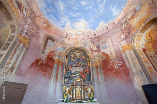 BANSKA STIAVNICA, SLOVAKIA - FEBRUARY 20, 2015: The fresco and altar in the lower church of baroque calvary by Anton Schmidt from years 1745 in the Chapel of the Last supper. photo