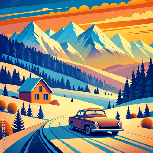 Winter landscape with mountains and a car on the road. Vector illustration EPS 10