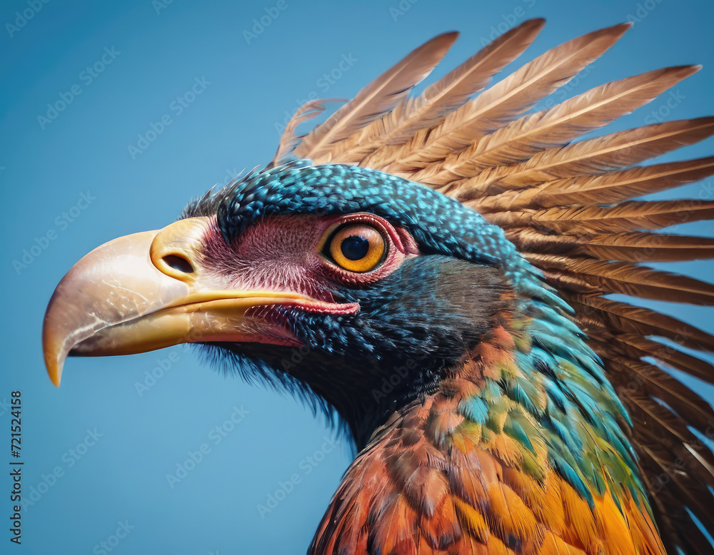 Fantasy bird with unrealistically bright plumage against the sky Fantasy bird with unrealistically bright plumage against the sky