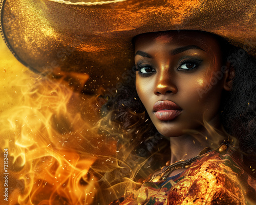 Close-up of an African American woman wearing a large gold cowboy hat, surrounded by flames in this striking promotional image
