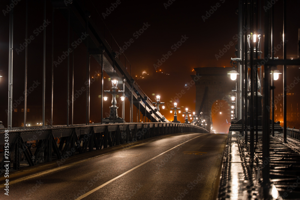 Budapest, Hungary - January 18, 2024: Chain bridge at foggy night.