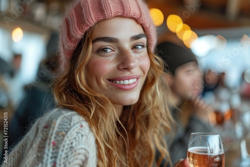 A cheerful woman with a knitted hat enjoys a glass of wine, radiating warmth and contentment in both indoor and outdoor settings