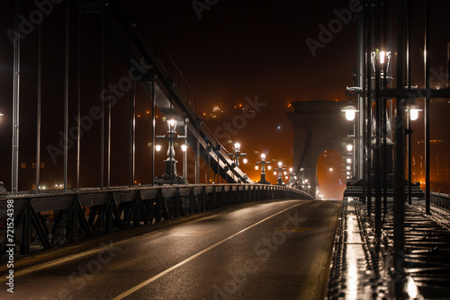 Budapest, Hungary - January 18, 2024: Chain bridge at foggy night.
