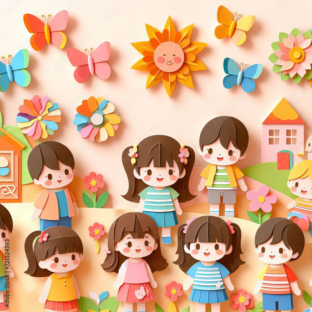 Happy world childrens day illustration of little kids paper cut style, Generative Ai