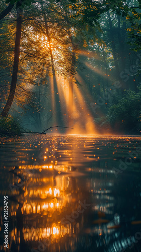 Delightful beautiful enchanting forest landscape with sunlight reflecting in water. Wallpaper. Vertical.