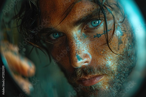 A mesmerizing portrait of a man with piercing blue eyes and a rugged beard, capturing the raw emotion and complexity of the human face in a stunning closeup © Larisa AI