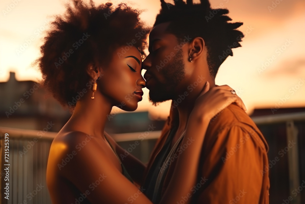 Young happy couple in love on roof of multi-storey building