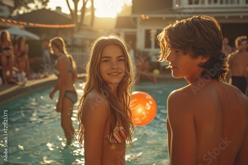 As the sun sets behind them, a girl and boy stand together in a pool, their smiles reflecting off the water as they enjoy a fun and carefree evening of swimming