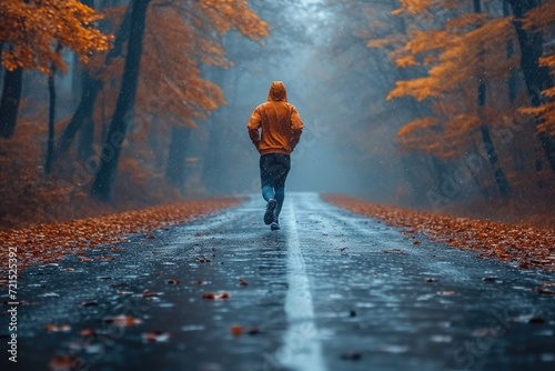 A lone figure braves the elements  their jeans and footwear soaked through as they trek through the foggy autumn forest  determined to reach their destination on the winding road
