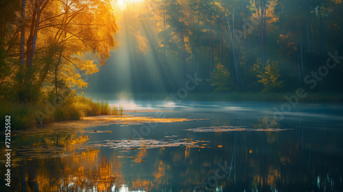 Delightful beautiful enchanting forest landscape with sunlight reflecting in water. Wallpaper. Horizontal.