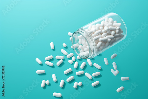 white pills falling out of a bottle of medicine on a blue background, in the style of lovecore сreated with Generative Ai photo