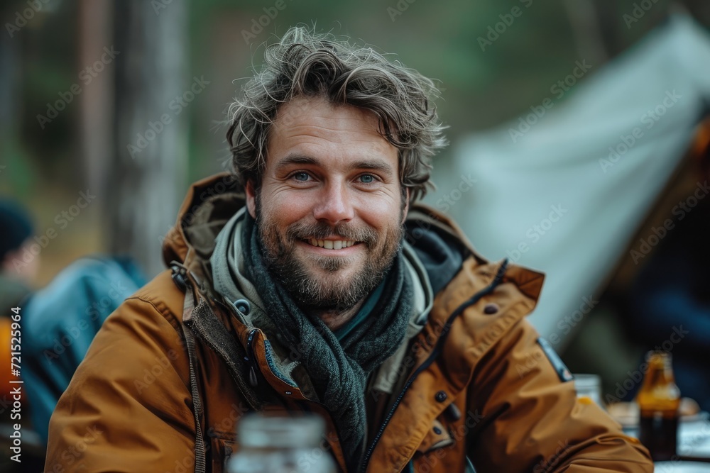 A cheerful man with a winter beard and a warm jacket smiles confidently at the camera on a bustling street, radiating a sense of approachable warmth and friendly charm