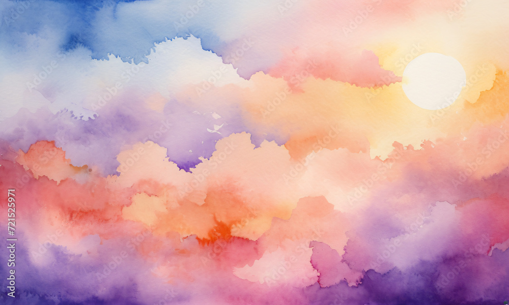 Sunrise Dreamscape, Watercolor Sky with Bright Sun, Nature and Art