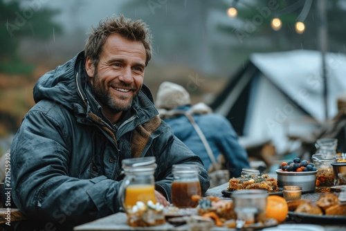 A contented man indulges in a cozy winter feast, surrounded by nature and adorned with tableware, as he enjoys the warmth of the season and the nourishment of food