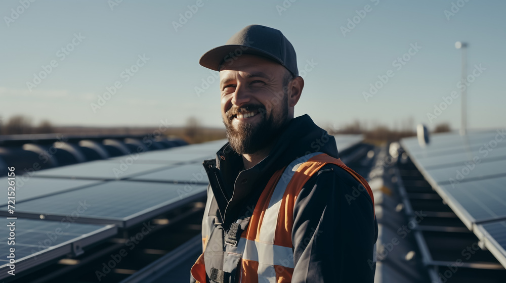 Worker controlling solar panels over tablet and smiling at the camera.