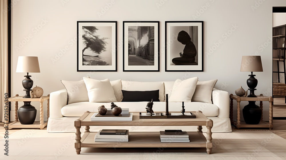 A serene living space with a cream-colored loveseat, a wooden coffee table, and a gallery wall showcasing black and white photography, creating a timeless elegance. A serene living space with a cream-colored loveseat, a wooden coffee table, and a gallery wall showcasing black and white photography, creating a timeless elegance.
