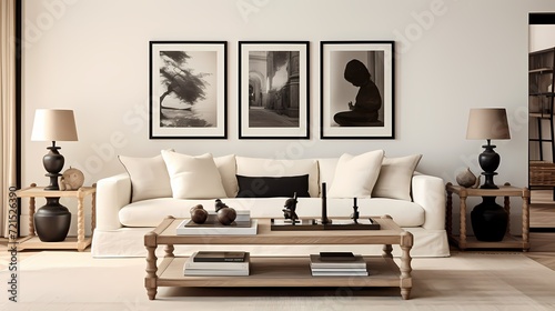 A serene living space with a cream-colored loveseat, a wooden coffee table, and a gallery wall showcasing black and white photography, creating a timeless elegance. © Nature Lover