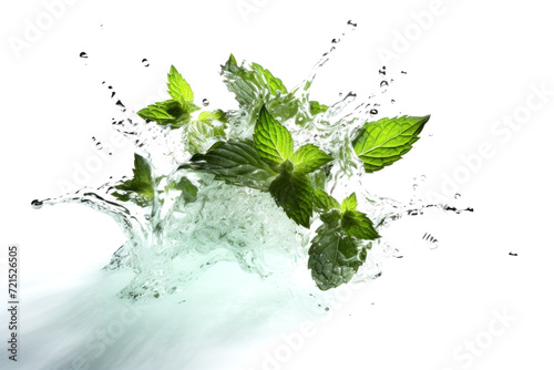 Fresh green cool mint or peppermint leaves in drops and falling splashes of clean water. Isolated on white background. Realistic transparent flow of lemonade soda or cocktail with mint. Generative AI.