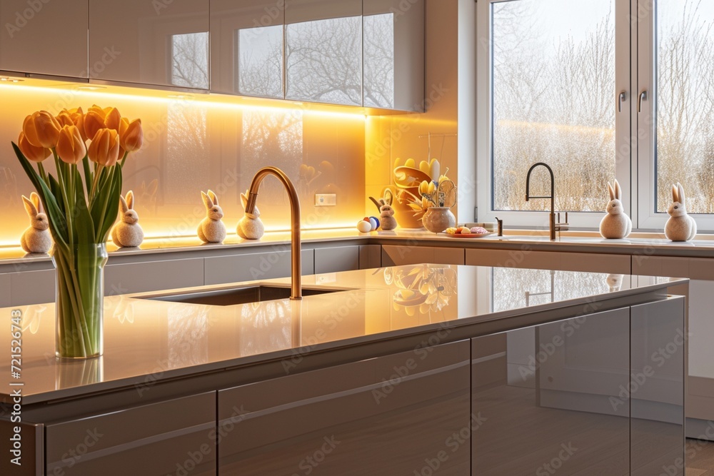 A contemporary kitchen with a clean, Easter theme. High-gloss cabinets and a central island with an integrated sink. Small, elegant Easter bunnies - obrazy, fototapety, plakaty 