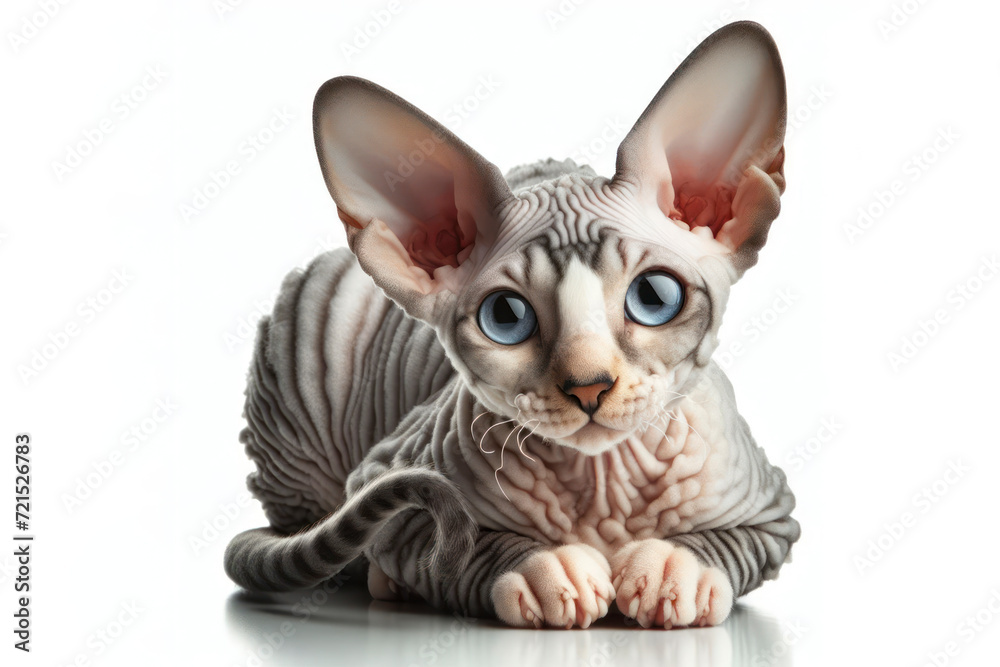 full body photo of a Cornish Rex cat isolated on solid white background. ai generative