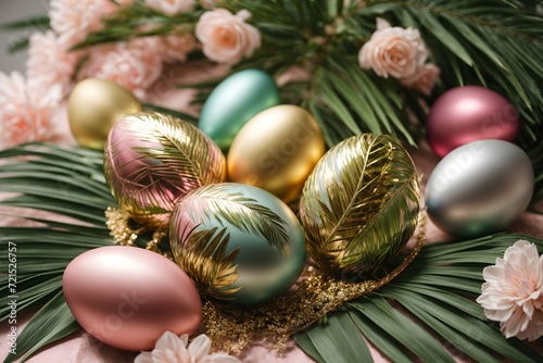 In English  it would be  Easter decor of golden and silver eggs with palm branches in various shades on a simple background