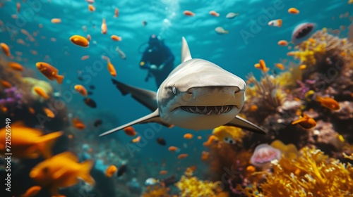 A scuba diver swims next to a shark in the ocean underwater
