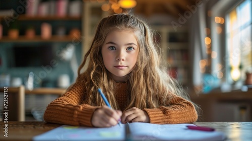 A 12-year-old girl sits at the table and does her homework