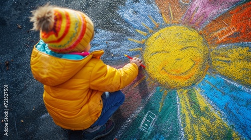 Fototapeta Naklejka Na Ścianę i Meble -  A child draws the sun with crayons on the asphalt. Spring sunny day