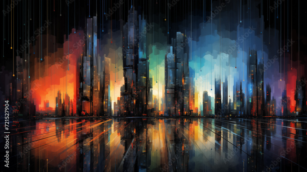 Digital rain falling over a cityscape of abstract and futuristic buildings in a spectrum of colors