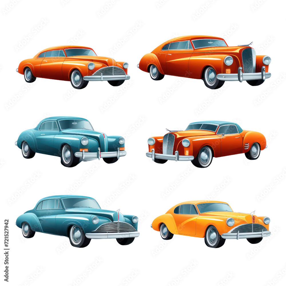 Set of old model cars isolated in transparent background